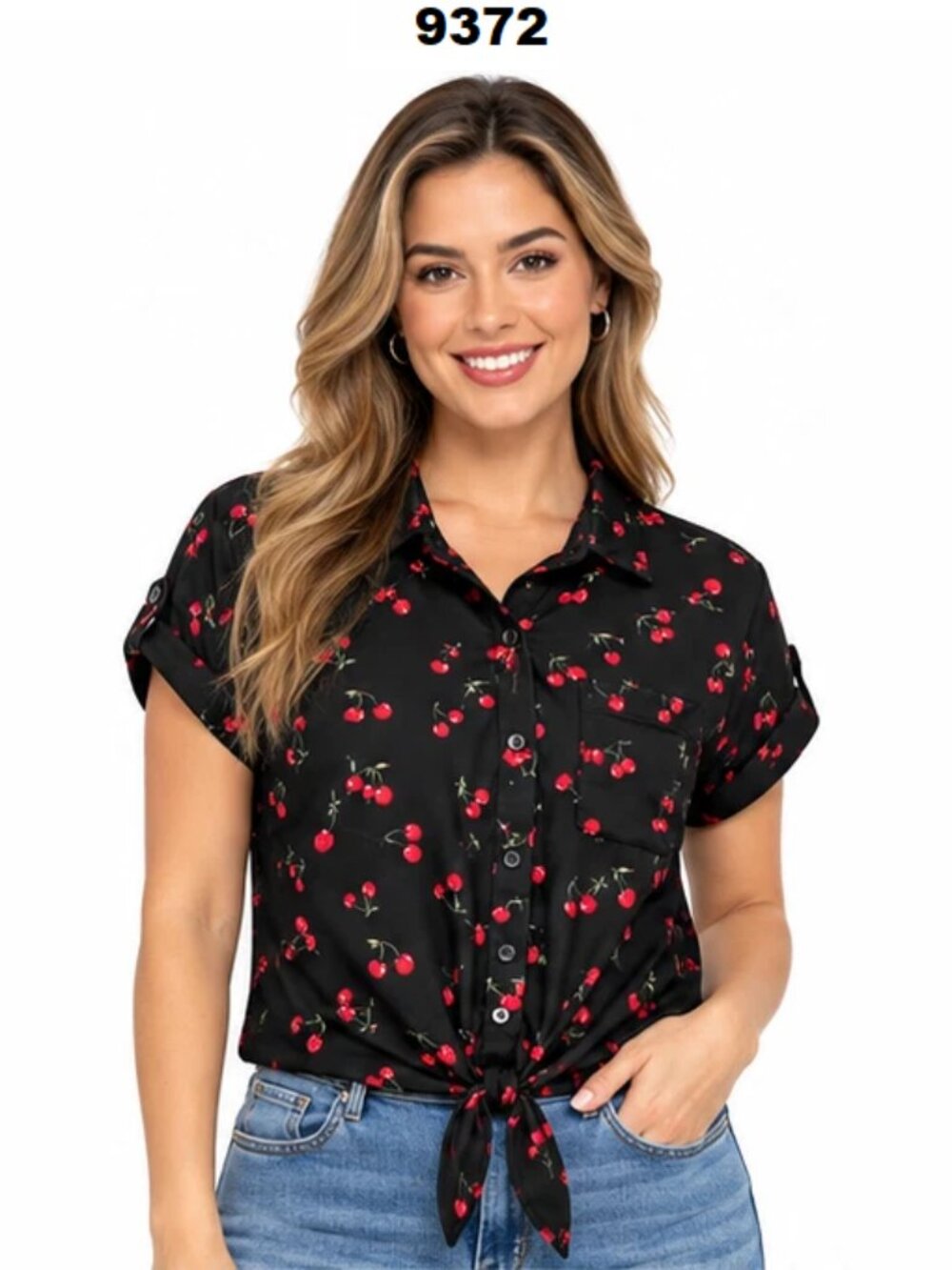 NWT Passport Black Cherry Print Collared Button-Up Tie-Front Blouse W/Pocket